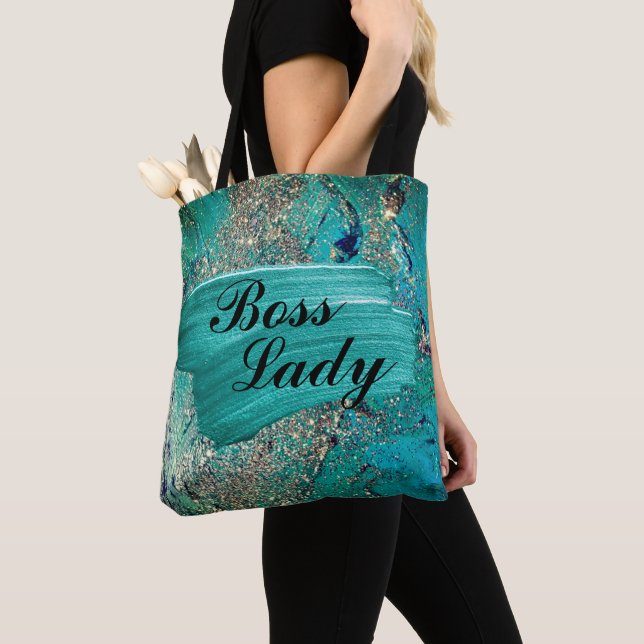 Tote Bag Glittery Aqua Paint Strokes Boss Lady (De près)