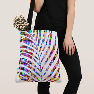 Tote Bag Glittery Bokeh Multicolor White Palm Tree Leaf