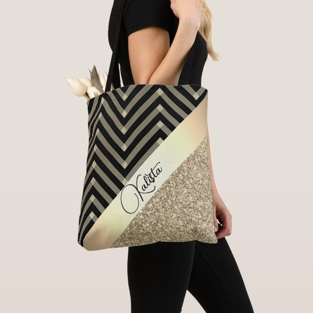 Tote Bag Glittery Gold et Black Chevron Personnalisé (De près)
