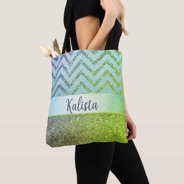 Tote Bag Glittery Green et Purple Chevron Personnalisé (De près)