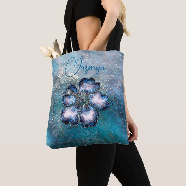Tote Bag Glittery Magique Bleu Hibiscus Personnalisé (De près)