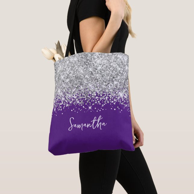 Tote Bag Glittery Silver et Royal Purple Glam Nom (De près)