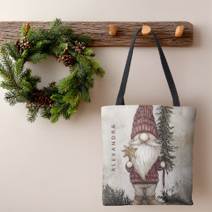 Tote Bag Gnome de Noël pour les Fêtes avec nom personnalisé