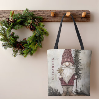 Tote Bag Gnome de Noël pour les Fêtes avec nom personnalisé