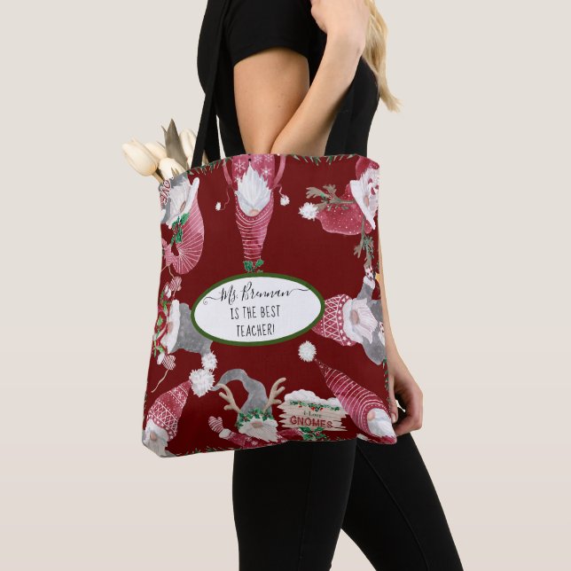 Tote Bag Gnomes de Noël Bourgogne Holly Meilleur nom d'ense (De près)