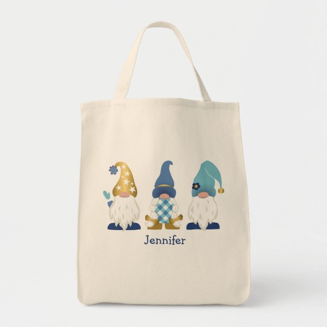 Tote Bag Gnomes Or Bleu Blanc En vichy (Devant)