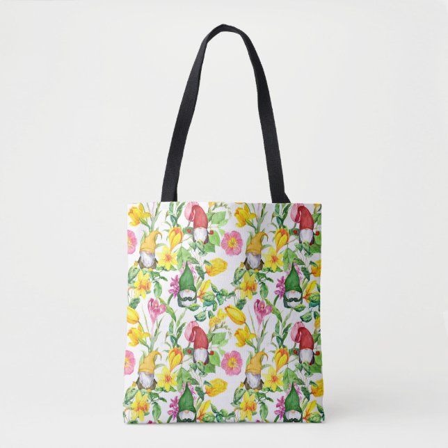 Tote Bag gnomes scandinaves : aquarelle fleurie printanière (Devant)
