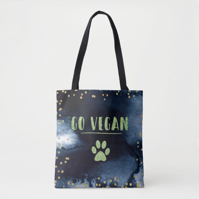 Tote Bag Go Vegan Animal Paw Aquarelle Enk Typographie Or (Devant)