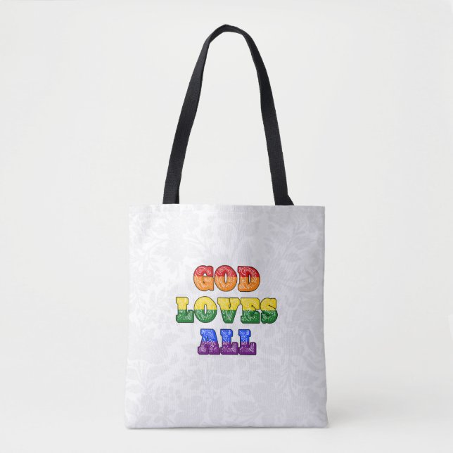 Tote Bag "God Loves All" Gay/LGBTQIA+/Queer Christian Pride (Devant)