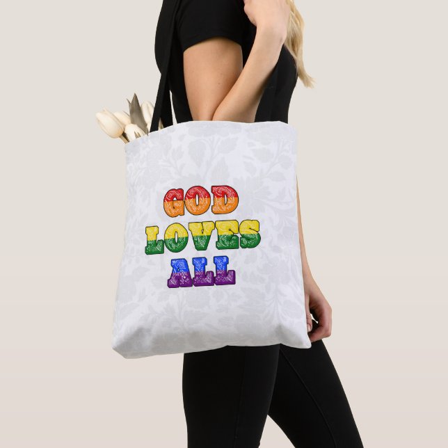 Tote Bag "God Loves All" Gay/LGBTQIA+/Queer Christian Pride (De près)