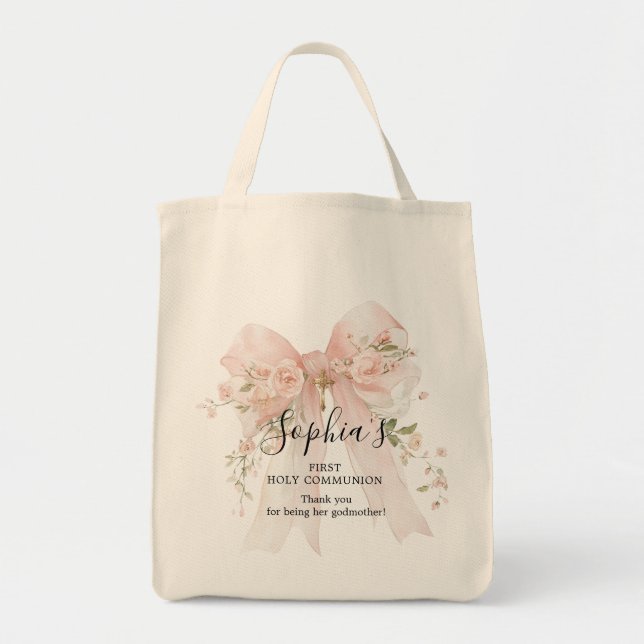 Tote Bag Godmother Gift First Communion Pink Bow Roses (Devant)