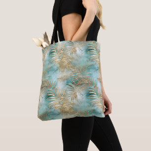 Tote Bag Gold Aqua White Feuilles tropicaux