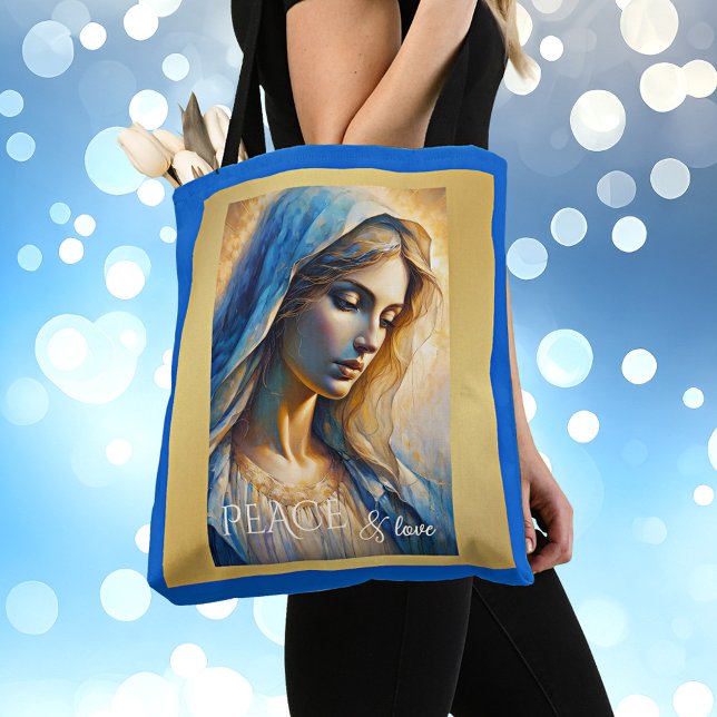 Tote Bag Gold Blue Christian Virgin Mary (Christian tote bag featuring a portrait of the Virgin Mary on sparkling gold with royal blue)
