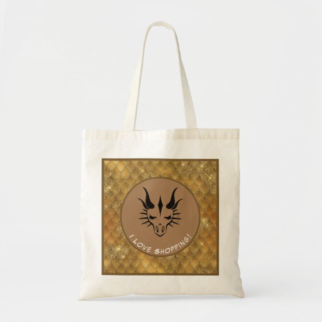 Tote Bag Gold & Brown I Love Shopping Dragon Head & Scales (Devant)