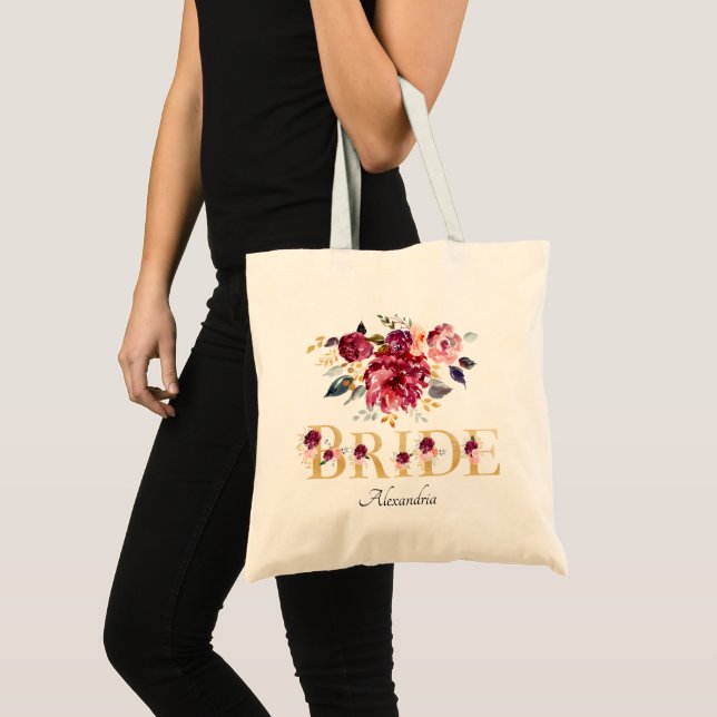 Tote Bag Gold Burgundy Blush Floral Bride Wedding (Devant (produit))