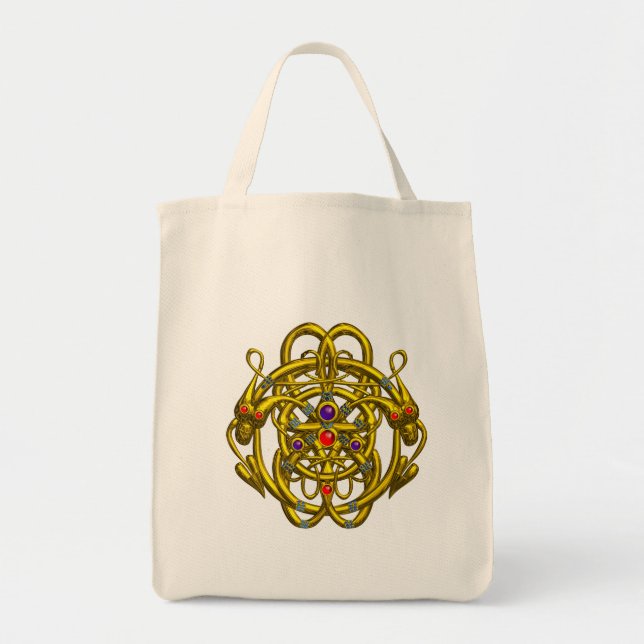 TOTE BAG GOLD CELTIC KNOTS WITH TWIN DRAGONS (Devant)