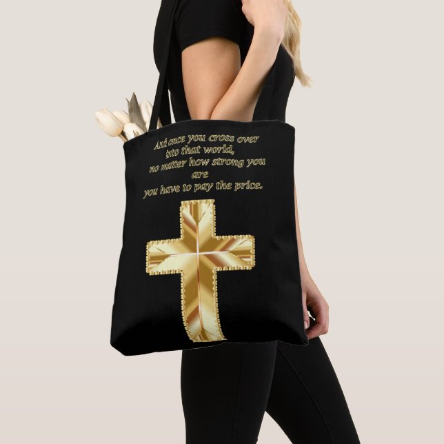 Tote Bag Gold Christian Crucifix Cross avec un dicton drôle (De près)