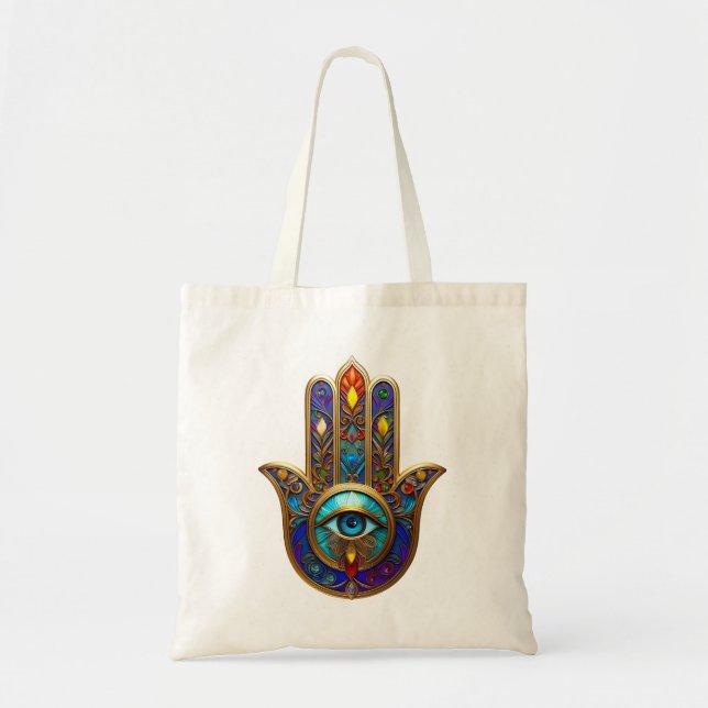 Tote Bag Gold Colorful Hamsa Turquoise Sapphire Third Eye  (Devant)