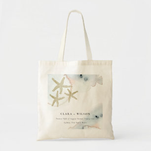 Tote Bag Gold Dusky Blue Beachy Starfish Aquarelle Mariage
