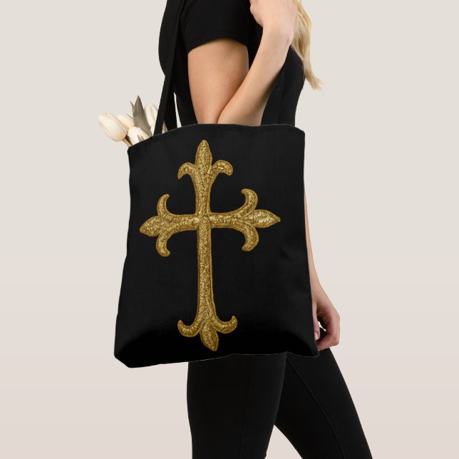 Tote Bag Gold Embroidered Look Cross Front and Back French (De près)