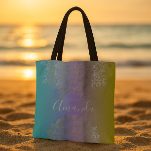 Tote Bag Gold Filigree Mandala sur Pastel Rainbow Custom