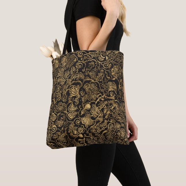 Tote Bag Gold Floral Baroque Pattern on Black (De près)