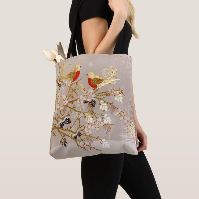 Tote Bag Gold hiver Oiseaux de neige Pays Noël (De près)