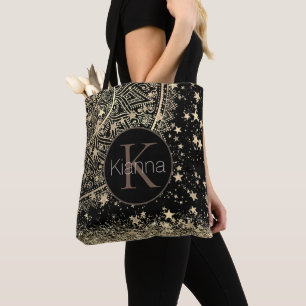 Tote Bag Gold Lotus Mandala Parties scintillant Gold Stars