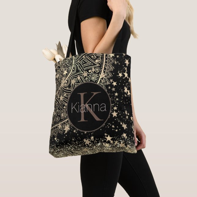 Tote Bag Gold Lotus Mandala Parties scintillant Gold Stars  (De près)