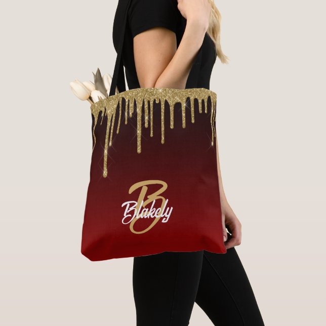 Tote Bag Gold Red Parties scintillant Drig Monogramme Éperc (De près)