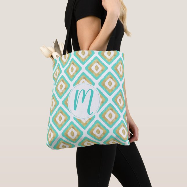 Tote Bag Gold & Turquoise Chic Ikat Motif (De près)