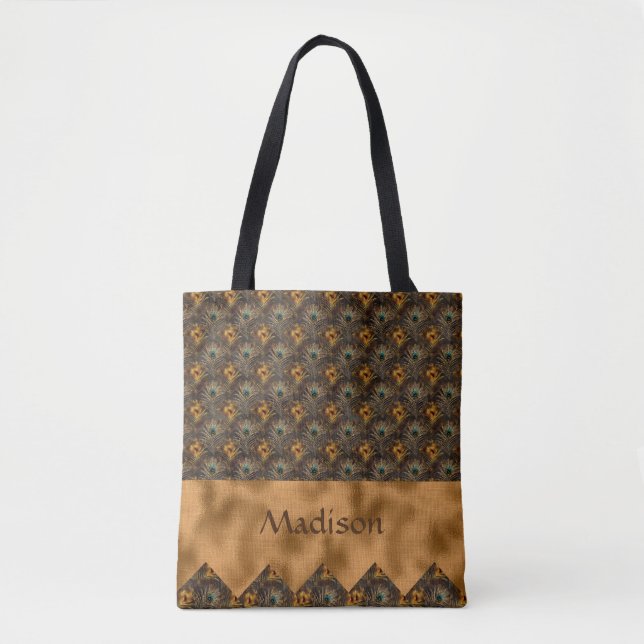 Tote Bag Gold Turquoise Elegant Peacock Pretty Nom Personna (Devant)