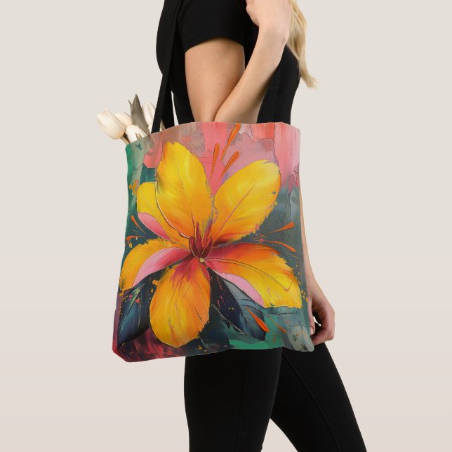 Tote Bag Golden Bloom – Expression Florale Abstraite Vibran (De près)