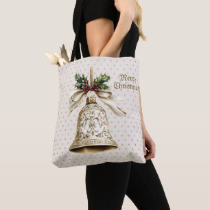 Tote Bag Golden Christmas Bell Shiny Stars Green Feuilles