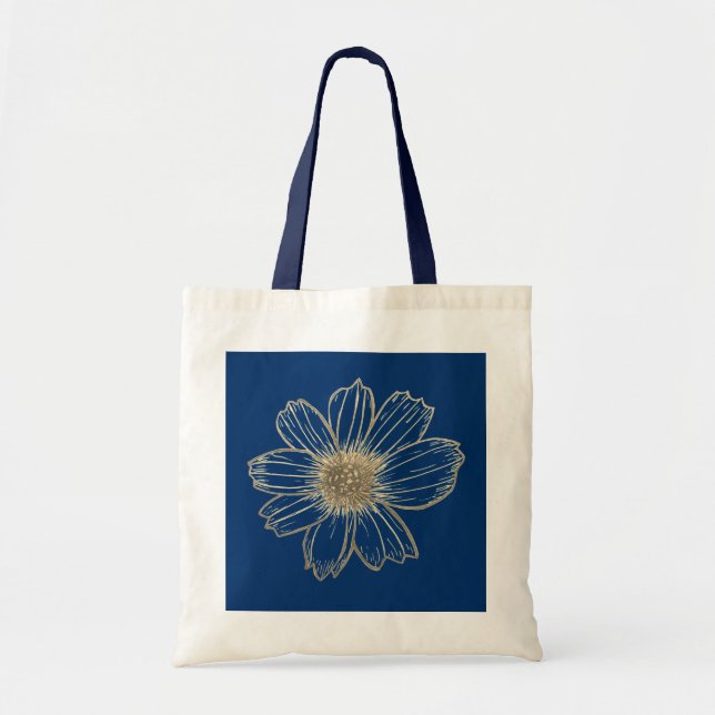 Tote Bag Golden Floral design Navy Blue (Devant)