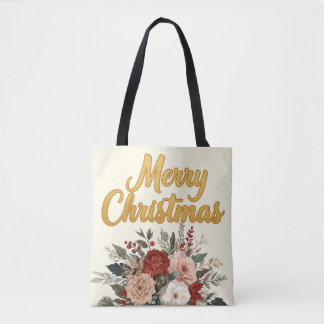 Tote Bag Golden Floral Merry Christmas Bouquet
