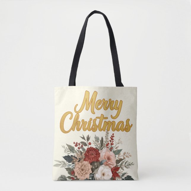 Tote Bag Golden Floral Merry Christmas Bouquet (Devant)