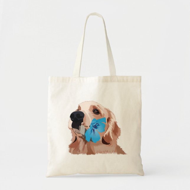 Tote Bag Golden Retriever avec une fleur bleue (Devant)