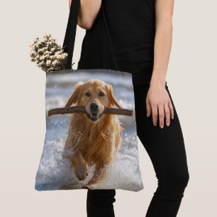 Tote Bag Golden Retriever courant avec un bâton de plage