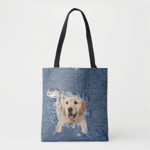 Tote Bag Golden Retriever dans trou de denim bleu effilé