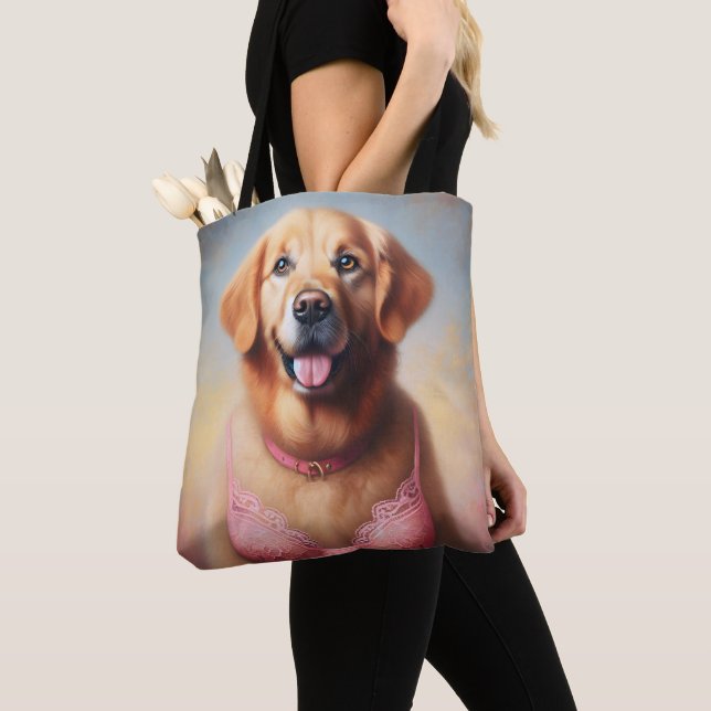 Tote Bag Golden Retriever portant une barre rose (De près)