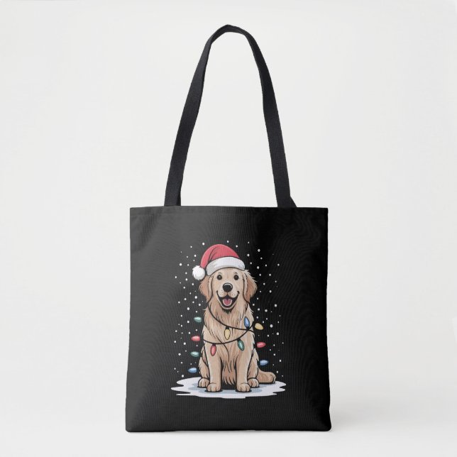 Tote Bag Golden Retriever Santa Christmas Tree Lights Xmas (Devant)
