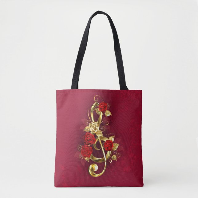 Tote Bag Golden Treble Clef avec fleurs Roses (Devant)