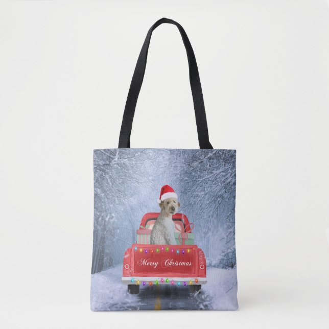 Tote Bag Goldendoodle Chien en Neige assis à Noël (Devant)