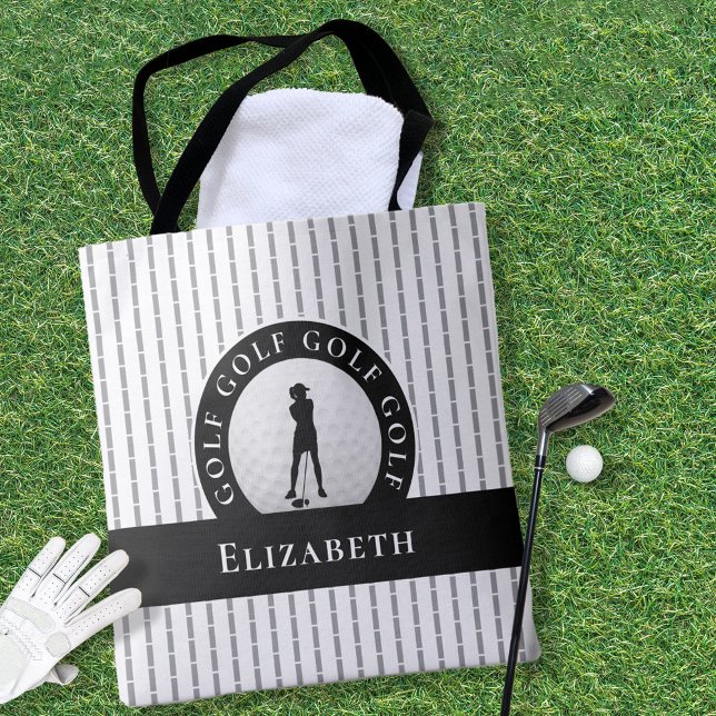 Tote Bag Golfeur Moderne Monogramme Gris Noir Sports (Custom Golf Monogrammed Name Gray & Black Sports Tote Bag)