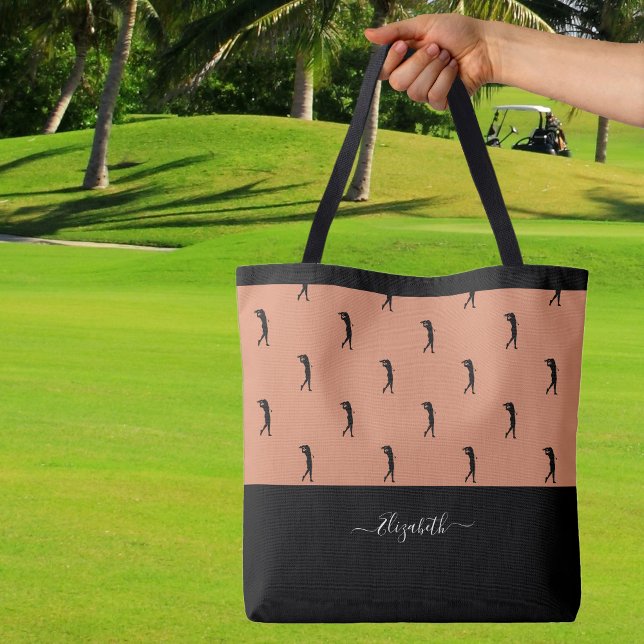 Tote Bag Golfeur personnalisé Silhouette moderne Brown Noir (Personalized Golfer Modern Silhouette Brown Black Tote Bag Custom Name For Her)