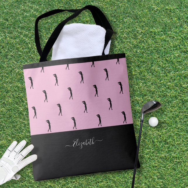 Tote Bag Golfeur personnalisé silhouette moderne rose noir (Personalized Golfer Modern Silhouette Pink Black Tote Bag)