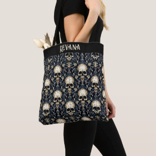 Tote Bag Goth Skuls et Blue Floral