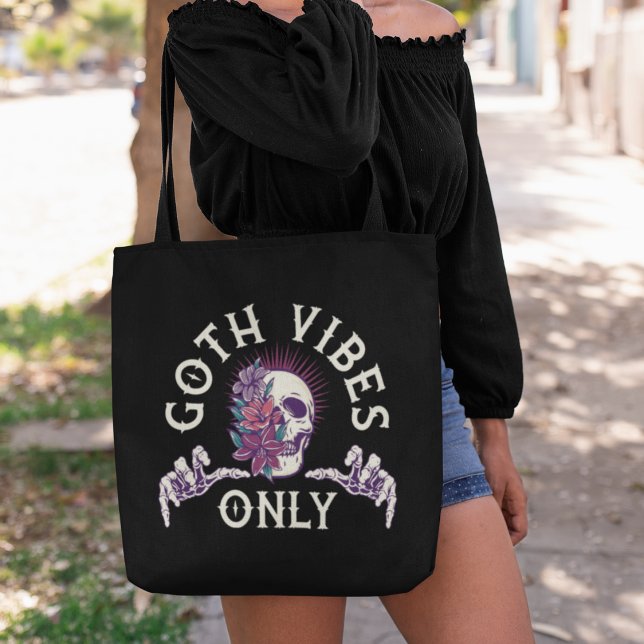 Tote Bag Goth Vibes seulement Crâne avec fleurs (Créateur téléchargé)