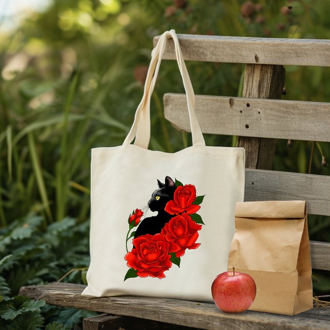 Tote Bag Gothique Chat Noir Roses Rouges Violet (Créateur téléchargé)